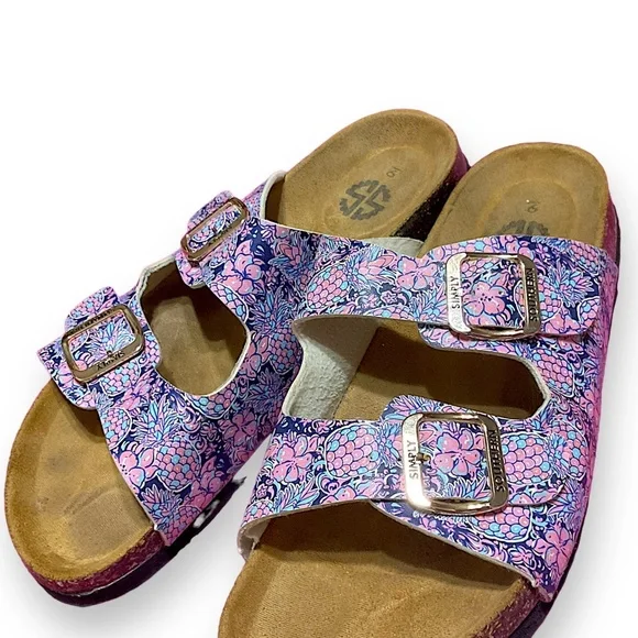 Simply Southern Floral Buckle Slip on Flip Flop Sandals Size 9 Pink/Blue - Picture 5 of 14